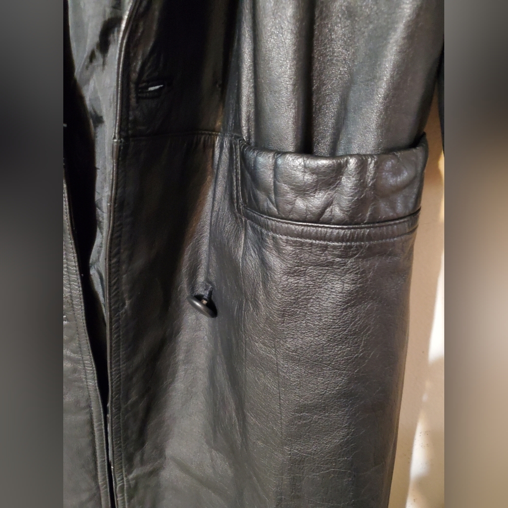 Y2k International Leather Collection Black Leather Trench Coat Size Small Petite - Picture 6 of 14